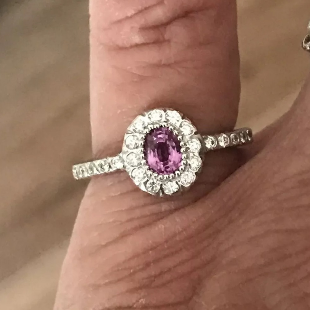 14k GENUINE Pink Sapphire & Diamond Halo Ring - Picture 1 of 15